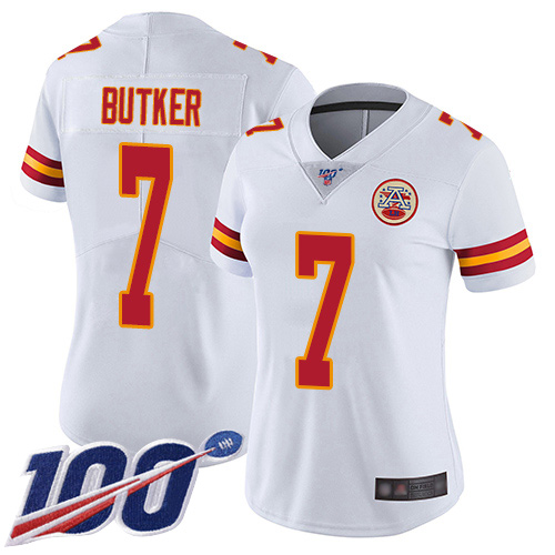 Women Kansas City Chiefs #7 Butker Harrison White Vapor Untouchable Limited Player 100th Season Football Nike NFL Jersey->women nfl jersey->Women Jersey
